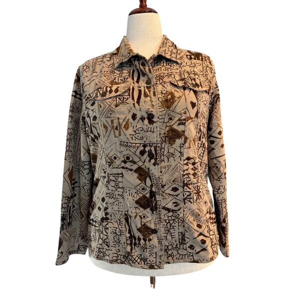 Chico's Short Jacket Soft Faux Suede Feel Petroglyph Graphics 2 Pockets 2 L 12 - Picture 1 of 6